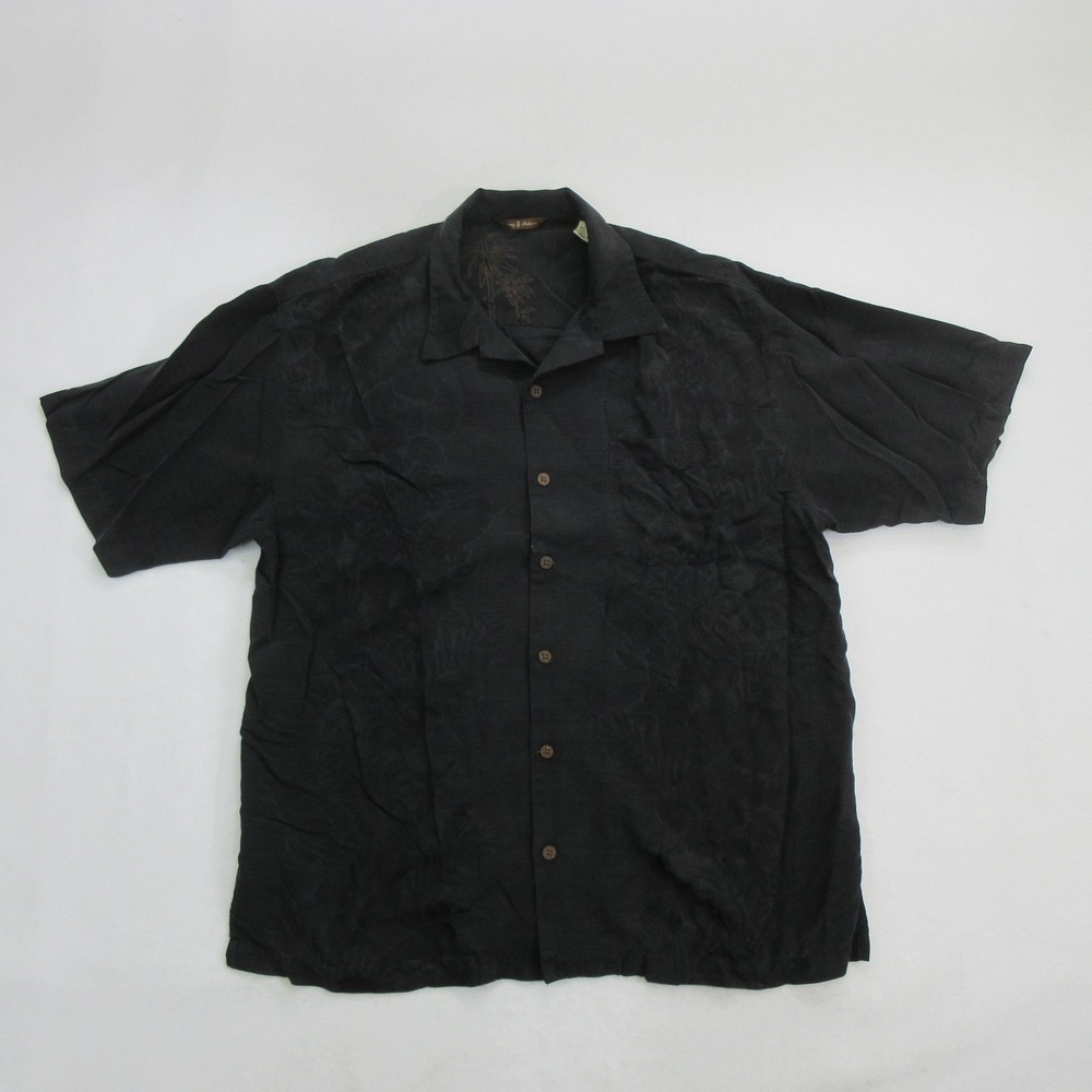Tommy Bahama Shirt XL Silk Black Hawaiian Tropical Tonal Jacquard Button Up